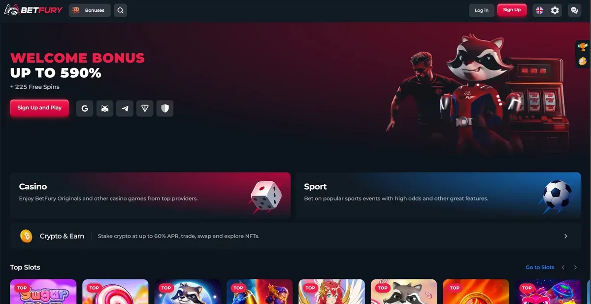 La portada de BetFury con el bono de bienvenida de hasta 590 %