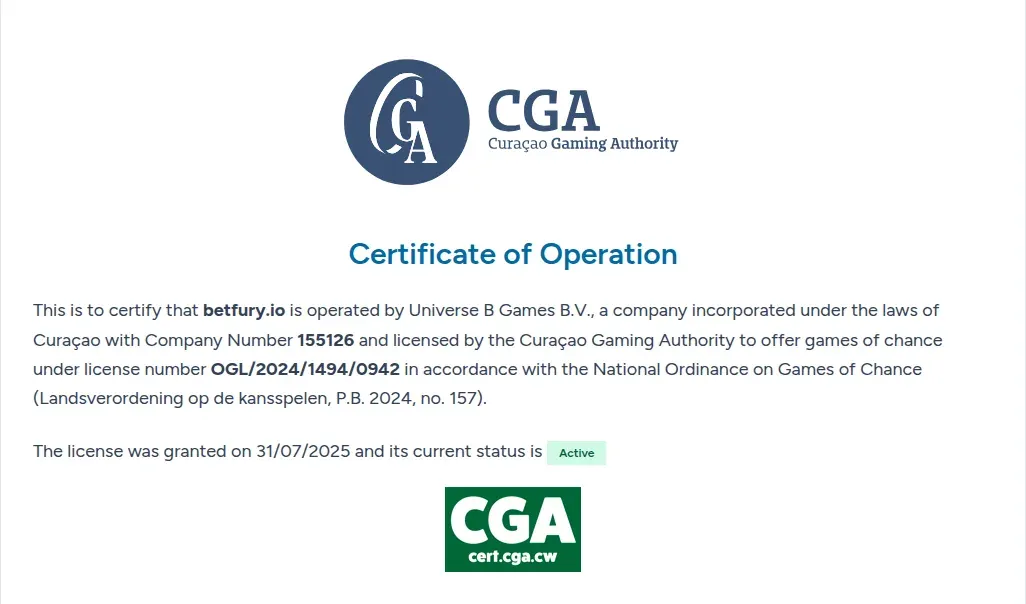 Certificado de la Curaçao Gaming Authority de betfury.io con estado Active