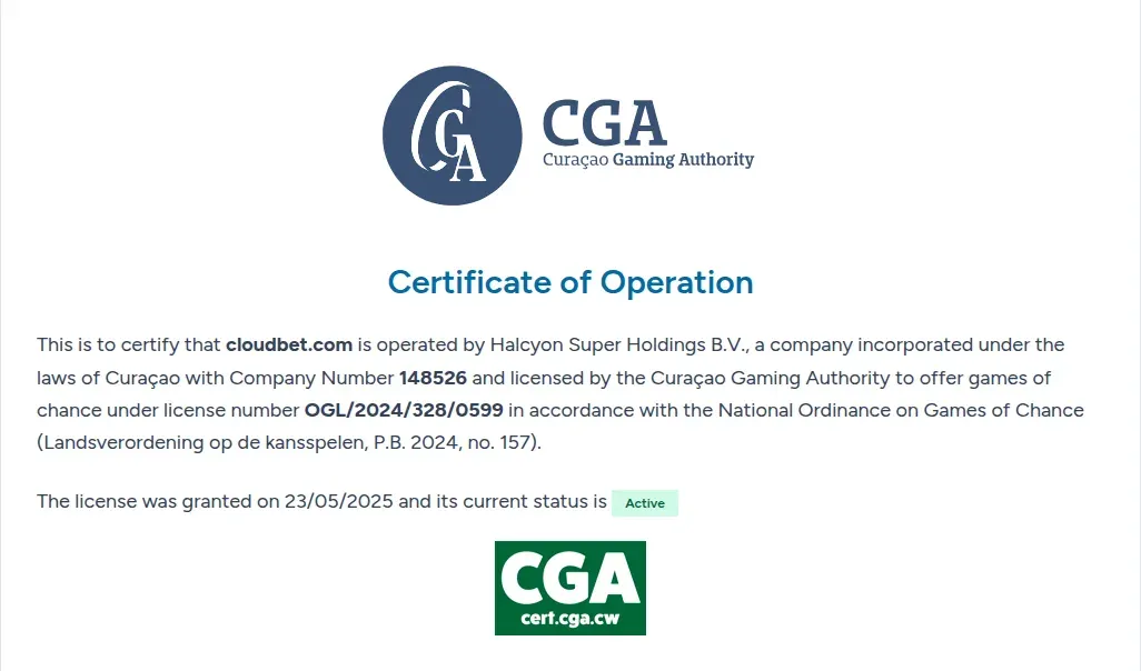 Certificado de la Curaçao Gaming Authority de cloudbet.com con estado Active