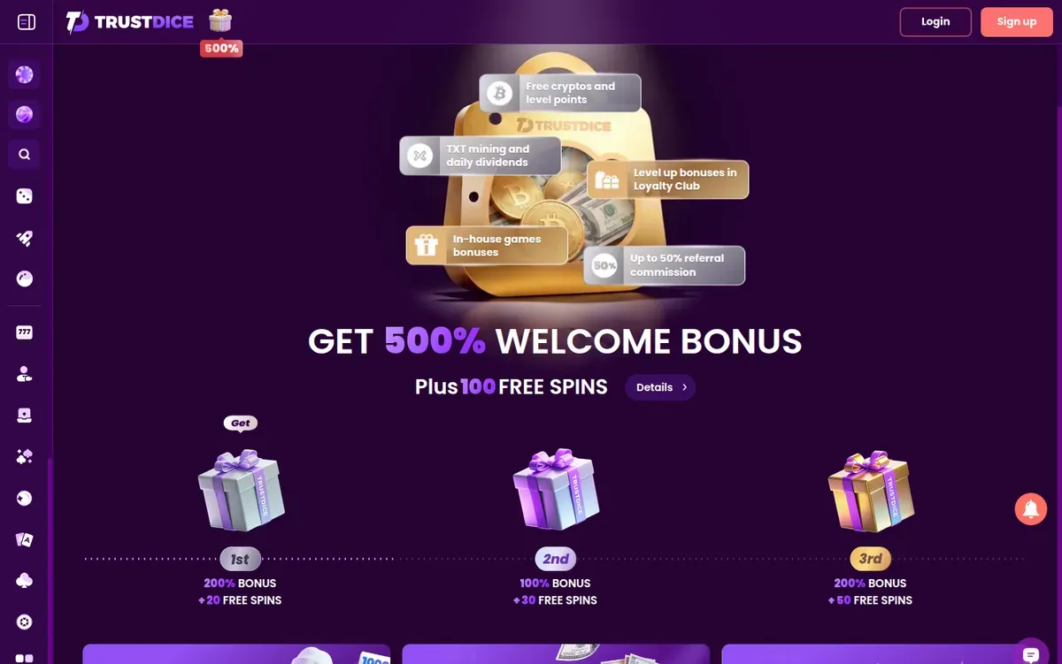 La sección de bonos de TrustDice
